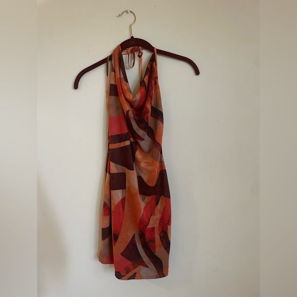 Orange Abstract Print Mesh Halter Neck open back body con dress - Picture 2 of 7